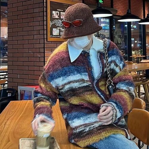 Autumn/Winter Color Striped Contrast Knit Sweater Loose Casual Unisex Slouchy V-Neck Cardigan for Men and Women Retro Style