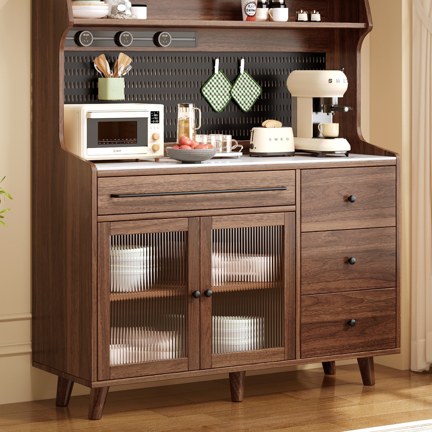 Solid Wood Sideboard Against the Wall, Integrated Storage Cabinet, Storage Rack, Antique Style Coffee Cabinet, Living Room Wine Cabinet, Slate Tea Cabinet