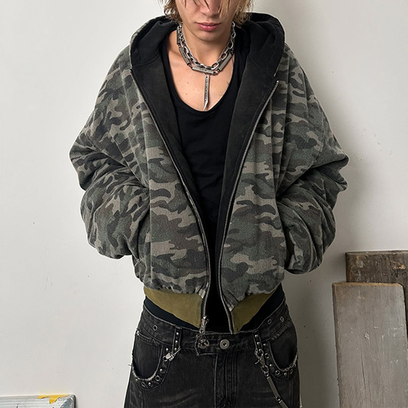 跨境欧美2025秋冬新款亚马逊复古街头连帽拉链口袋两面穿棉服外套|undefined