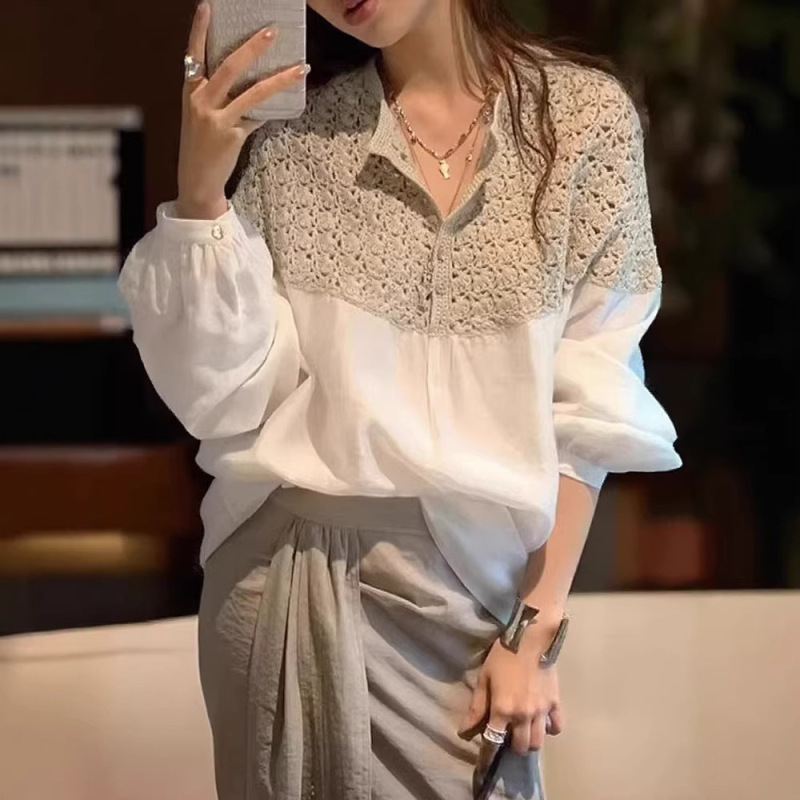 Liang Yixuan French-Style Crochet Knit Patchwork Shirt for Women, New Spring 2026 Casual Commuter Top, Slim Fit Trendy Blouse Liang Yixuan French-Style Crochet Knit Patchwork Shirt for Women, New Spring 2026 Casual Commuter Top, Slim Fit Trendy Blouse