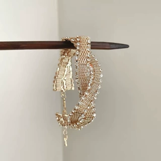 Vintage古着金色网纱双排镶钻手链手镯女轻奢小众高级感百搭手环