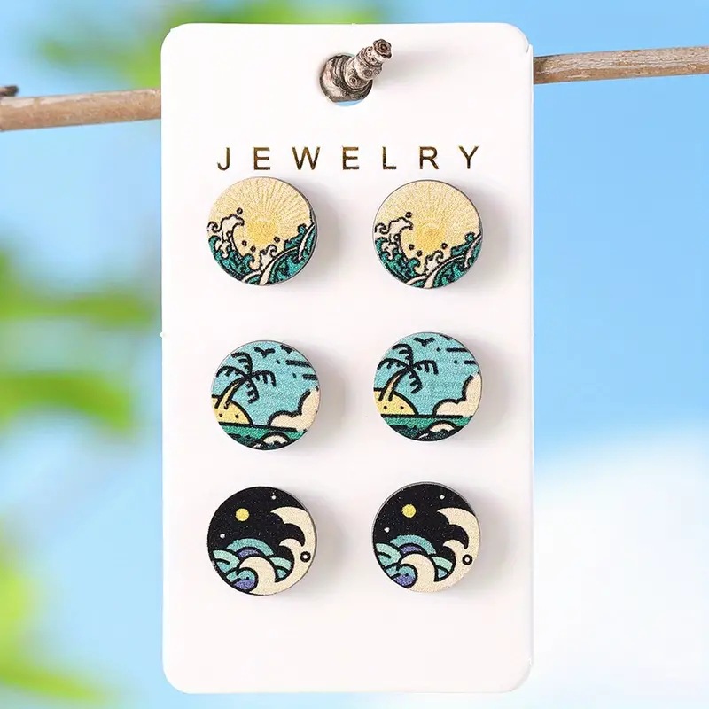 1 Set Simple Style Classic Style Waves Printing Wood Ear Studs display picture 1