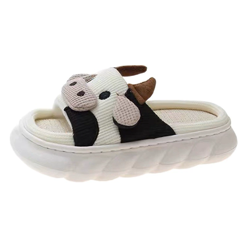 Мультяшные льняные тапочки из коровы для девочек, домашние туфельки с толстой подошвой, Нескользящие тапочки из хлопка и льна для пар для мужчин