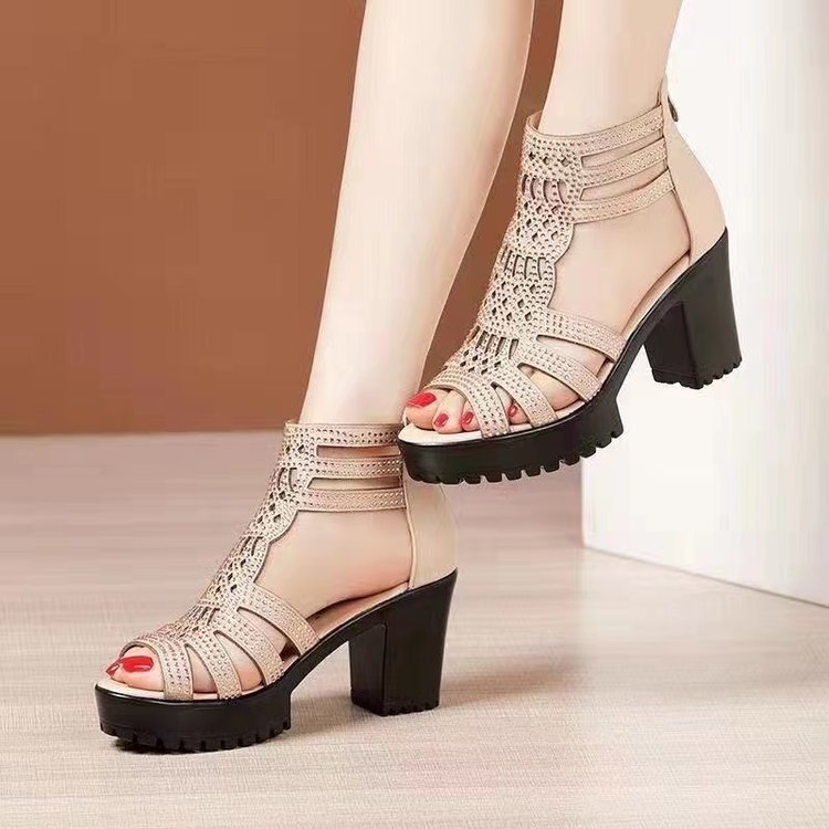 Sandals women's thick heel non-slip fish mouth medium high heel Roman women's shoes women's soft-soled open-toed height-increasing sandals_voghion.com