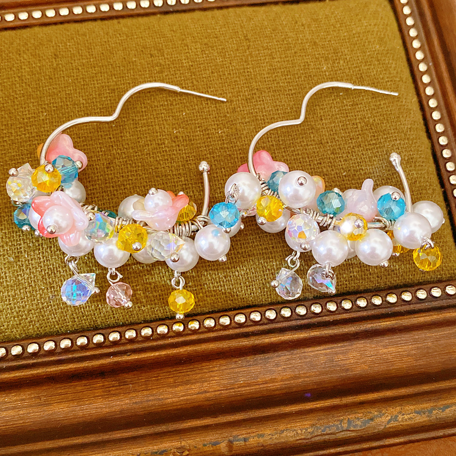 Ramas de flores coloridas ~ flores de aguja de plata bordas perlas aretes de moda de estilo dulce aretes de lujo ligero de alta calidad aretes para mujeres