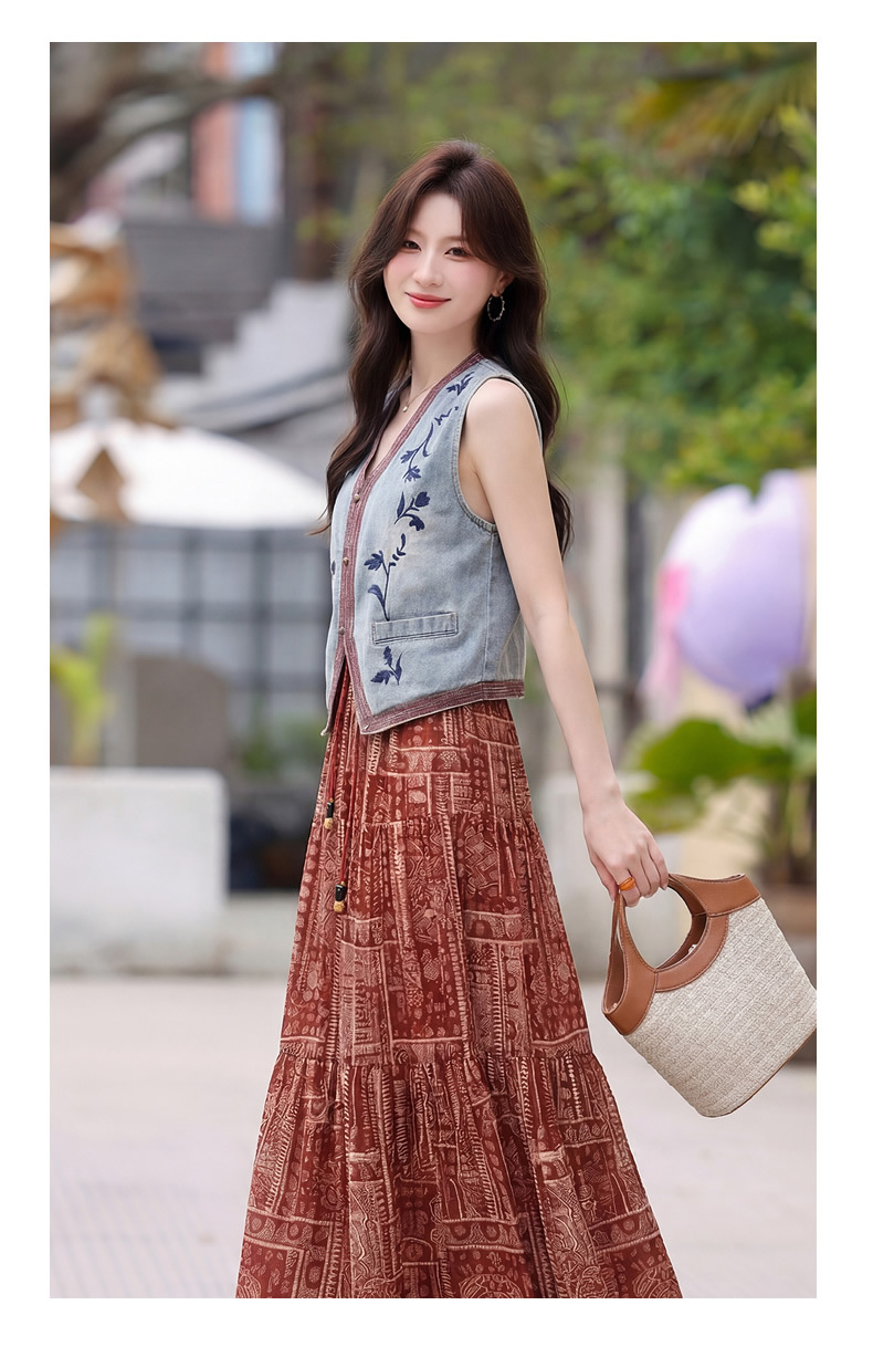 Set áo vest ren và chân váy midi hai mảnh nữ tính họa tiết thêu hoa — màu đỏ chi tiết 19
