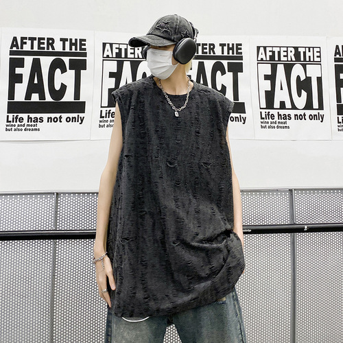 Men's Summer Design-Forward Streetwear American Retro Backless Tee for Youth Loose Tear Drop-Shoulder Tank Top