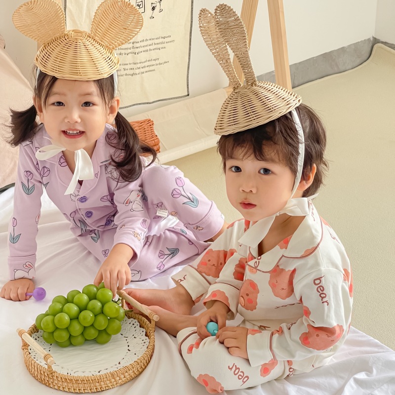 Children's Stand-Up Collar Pajamas, Autumn and Winter Pure Cotton Long-Sleeved Baby Home Clothes, Boys and Girls New Autum Suits