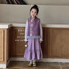 冬女童新中式拜年服三件套儿童古装改良旗袍女孩过年穿新中式套装