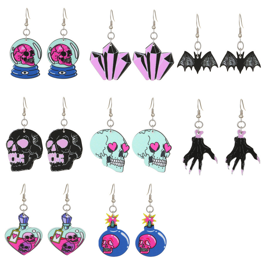 New Halloween Earring Series Bat Skull Acrylic Stud Trendy Women Dark Personality Unique Earrings_voghion.com