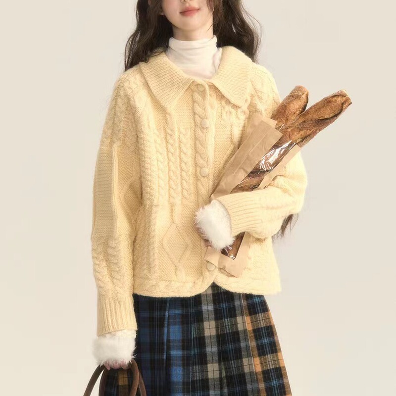 chummy Nordic lazy original French advanced soft glutinous stitching twist crocheted warm wool knitted cardigan