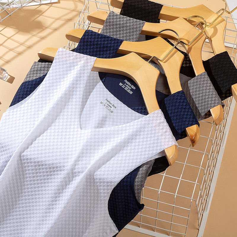 Summer Ice Silk Plaid Vest Men's Sports Fitness Quick-drying Cool T-shirt Breathable Loose Thin Bottoming Sweatshirt Trendy Summer Ice Silk Plaid Vest Men's Sports Fitness Quick-drying Cool T-shirt Breathable Loose Thin Bottoming Sweatshirt Trendy