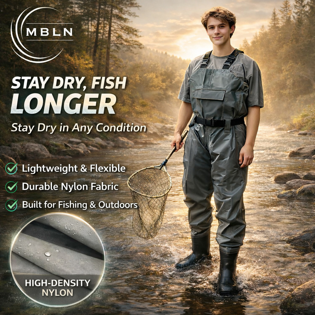 Unisex Wading Pants, Waterproof Nylon One-Piece Waterproof Pants, Non-Slip Soles, Adjustable Elastic Straps