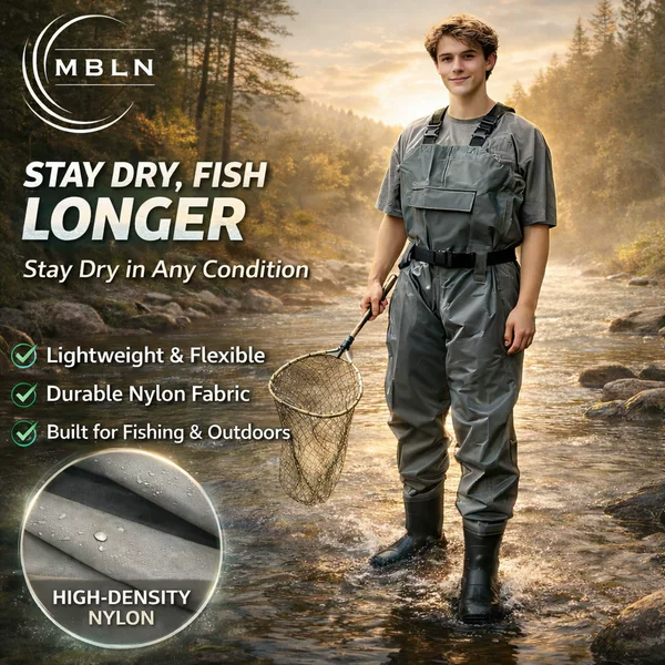 Unisex Wading Pants, Waterproof Nylon One-Piece Waterproof Pants, Non-Slip Soles, Adjustable Elastic Straps