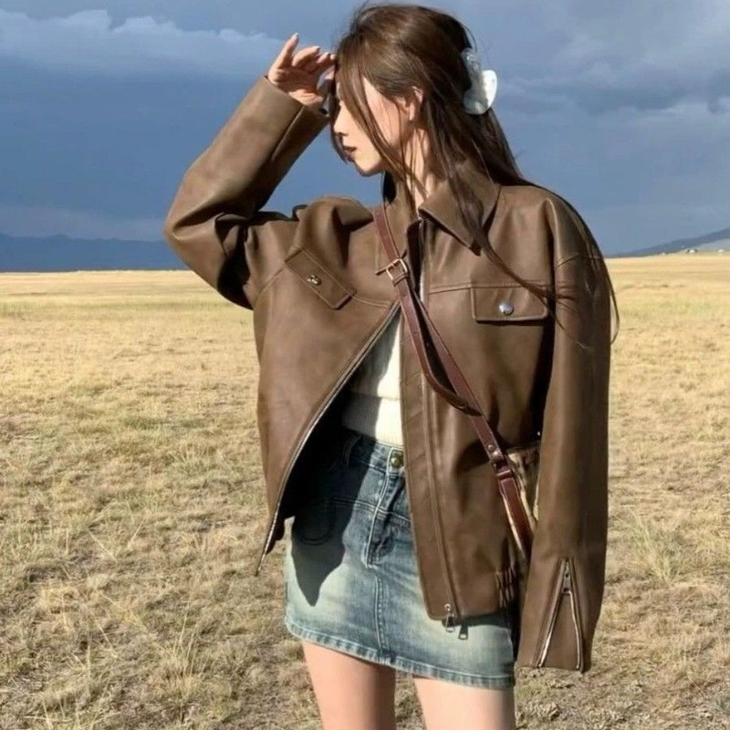 美拉德棕色皮衣外套女2025短款港风pu皮夹克机车春秋冬百搭显瘦|undefined
