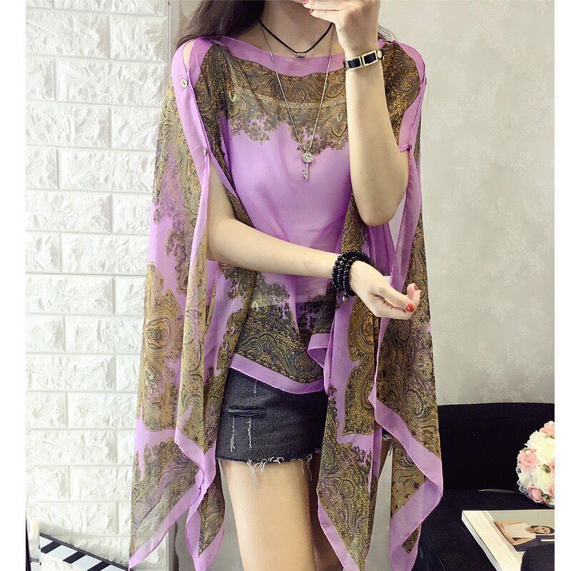 エスニックスタイルショール日焼け止め服女性のための夏の薄いマントシフォンシャツプリントスカーフレトロスタイル|undefined