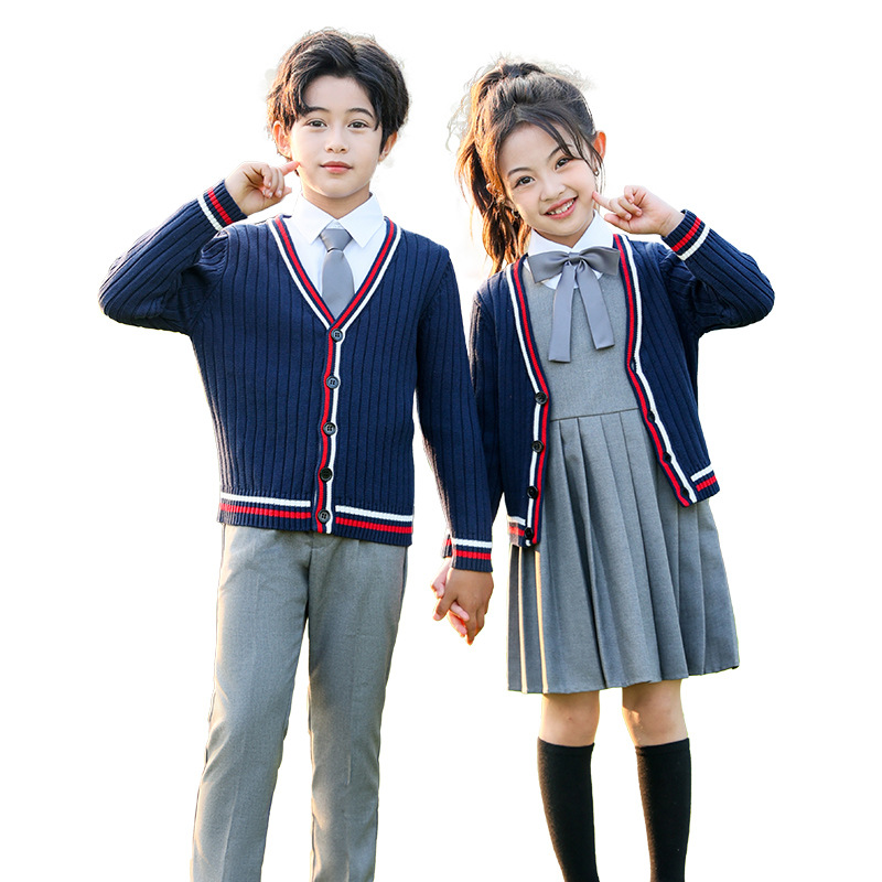 Uniformes de jardín de infantes de otoño y invierno estilo británico set de suéter de punto para niños y niñas uniformes escolares de primaria y media