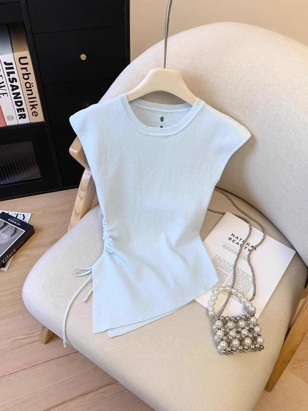 夏用女性用白い不規則な巾着ノースリーブTシャツ、背中中空デザイン、衝突しないシャツ、スリムフィットトップ|undefined