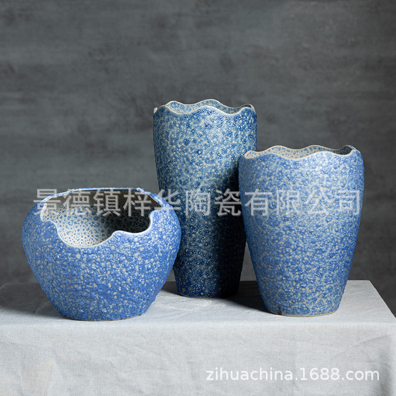 Jingdezhen Succulent Incision Old Pile Breathable Master Pot Large Mouth Flower Pot Notched Retro Cliff Pile Coarse Pottery Green Plant