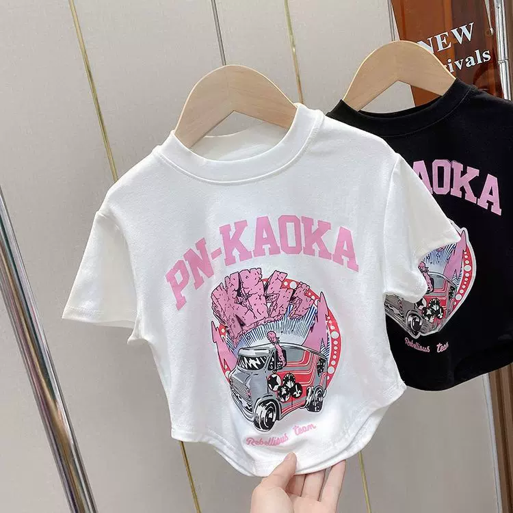 夏季女童字母卡通短款半袖t恤新款2025韩版洋气时髦透气短袖T上衣