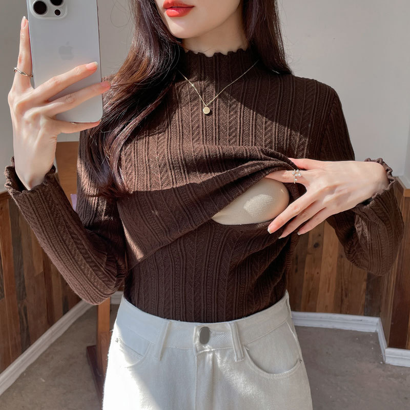 Thickened Nursing Sweater All-match Slim-fit Maternity's Fungus Neck Feeding Base Top
