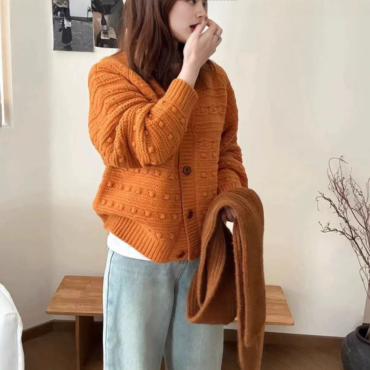 Cross-border coreano retro industria pesada gancho flor nicho de punto cardigan de mujeres otoño invierno nuevo cuello redondo abrigo suéter suelto image 4