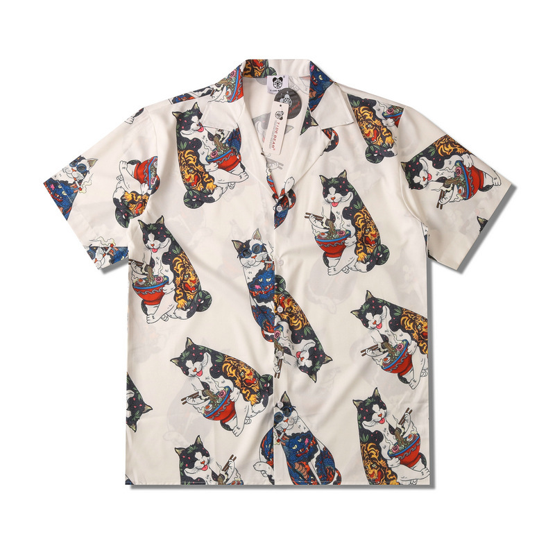 2021 Cross-border European and American High Street Hawaiian Casual Flower Shirt Eating Noodle Cat Full Printed Beach Cardigan Short-sleeved Men