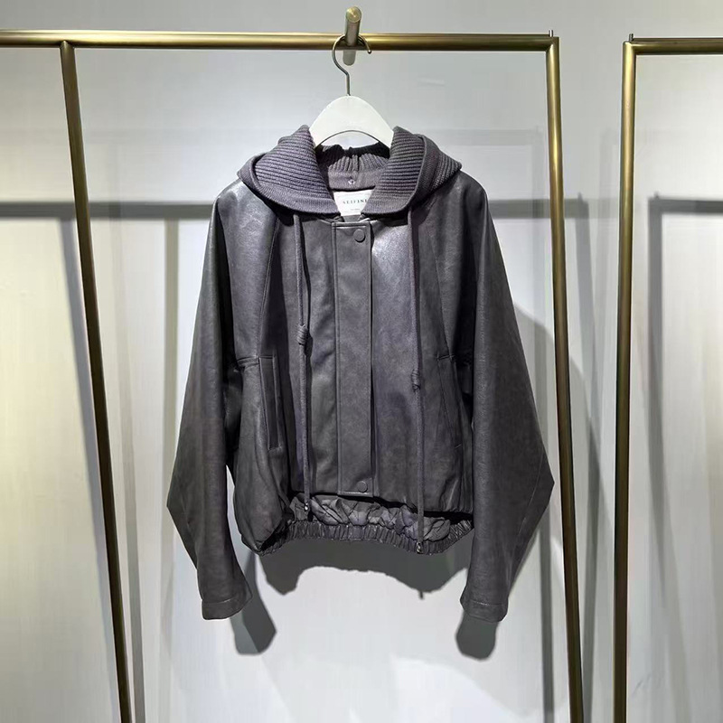 2025年秋季新款女装时尚休闲百搭连帽PU皮棉服外套女3GA111171S