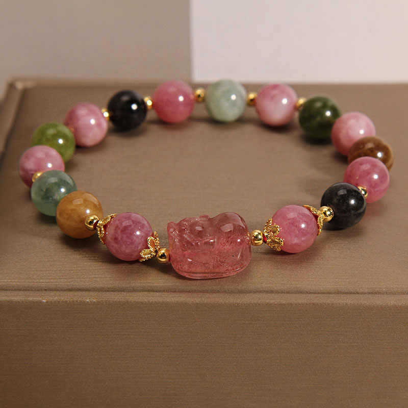 Colorful Candy Tourmaline Imitation Strawberry Crystal Pixiu Bracelet Fashionable Versatile Tourmaline Bracelet Single Circle Gift Bracelet Wholesale Colorful Candy Tourmaline Imitation Strawberry Crystal Pixiu Bracelet Fashionable Versatile Tourmaline Bracelet Single Circle Gift Bracelet Wholesale