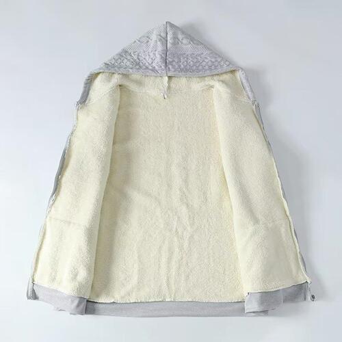 Winter Plush Fleece Thick Zipper Floral Silver Fox Fleece Men's Casual Crewneck Hooded Sweatshirt