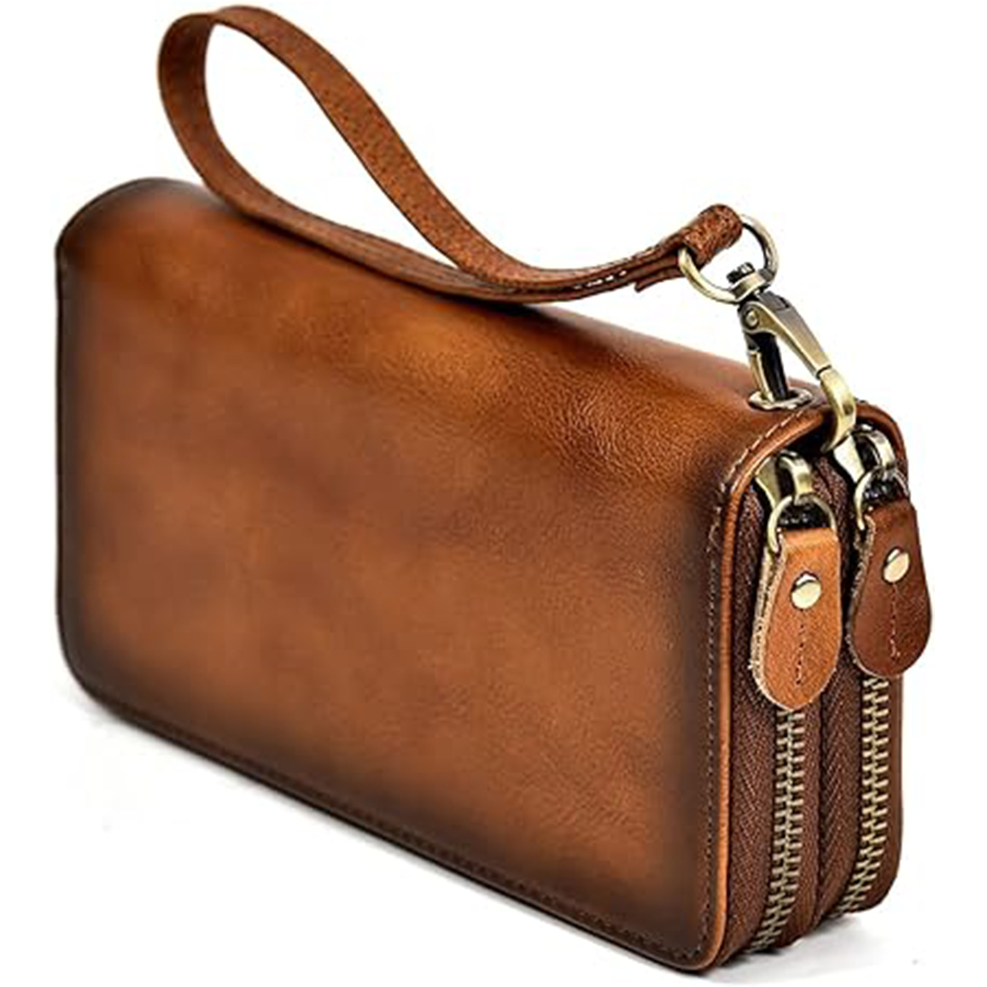 Amazon doble billetera de cremallera de cuero de vaca, bolso de mano de gran capacidad, bolso de mano de caballo loco para hombres