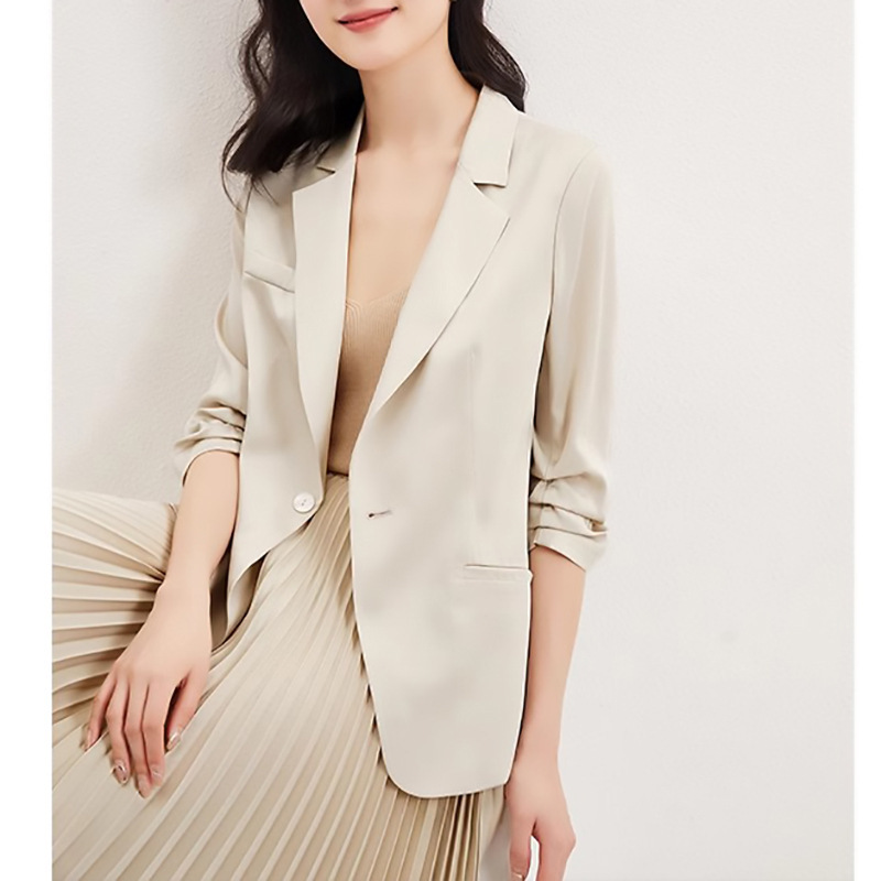 Ready Stock Manufacturer Wholesale Q Luxury Glossy 19mm Stretch Double Joo Silk Lightweight Pleated Three-Quarter Sleeve Suit Jacket