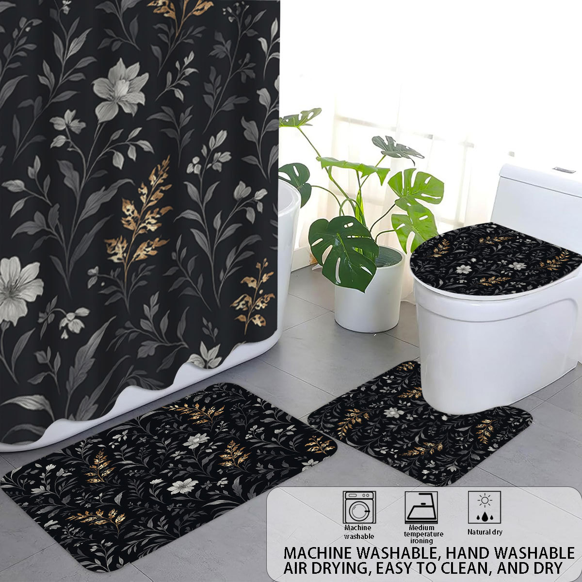 temu cortina de baño de lona impermeable cuatro piezas floral impresión digital poliéster cortina de baño una cortina de partición de cabello