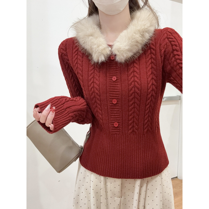 Festive Red Sweater for Women, Autumn and Winter Spring Wear, Cable Knit Top with Detachable Fur Collar, Stylish Waist-Cinching Long Sleeves