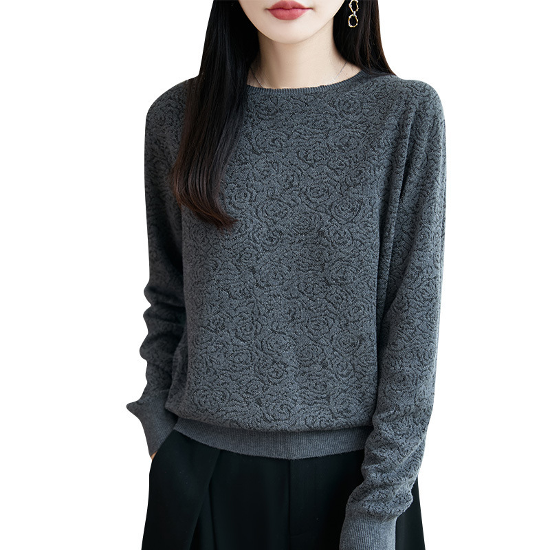精纺羊毛休闲灰色长袖针织衫女2025年秋季新款打底舒适女装上衣|undefined