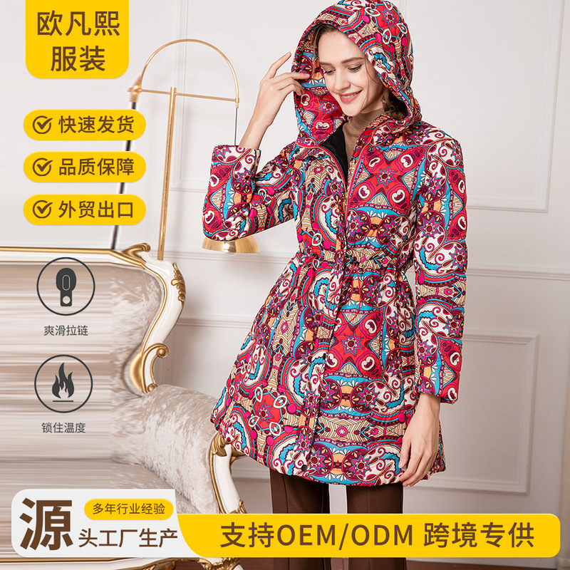 Amazon Cross-Border Foreign Trade Women's Clothing European and American Fashion Autumn and Winter Cotton-Padded Jackets Mid-Length Street Cotton-Padded Jackets Printed Jackets for Women