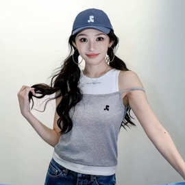 高品质RR字母刺绣假两件撞色吊带背心女带胸垫短款百搭上衣简约风