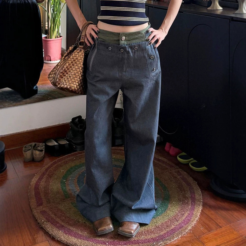 American retro style color-blocked waistband denim jeans for women, new early spring/autumn model, adjustable Paris buckle, floor-length American retro style color-blocked waistband denim jeans for women, new early spring/autumn model, adjustable Paris buckle, floor-length
