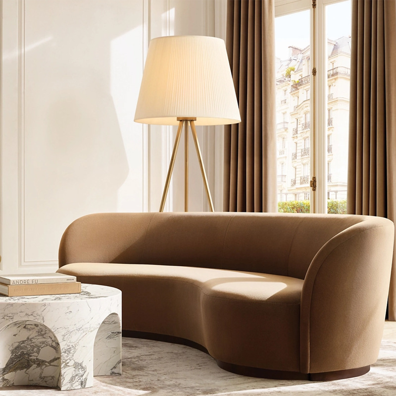 American RH Furniture Sofá curvo simple Sofá de tres personas de franela de forma especial de lujo ligero Sofá de madera maciza para sala de estar