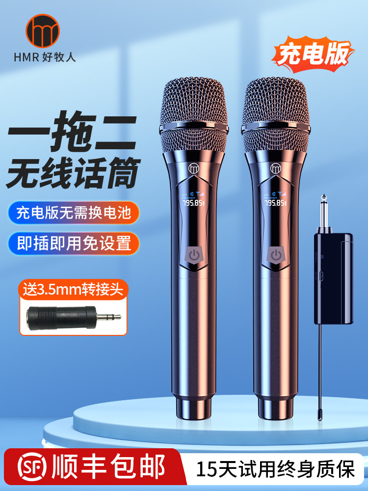 Universal Wireless Microphone One-To-Two Karaoke Microphone for Home Singing Ktv with Speaker Professional Outdoor General Use