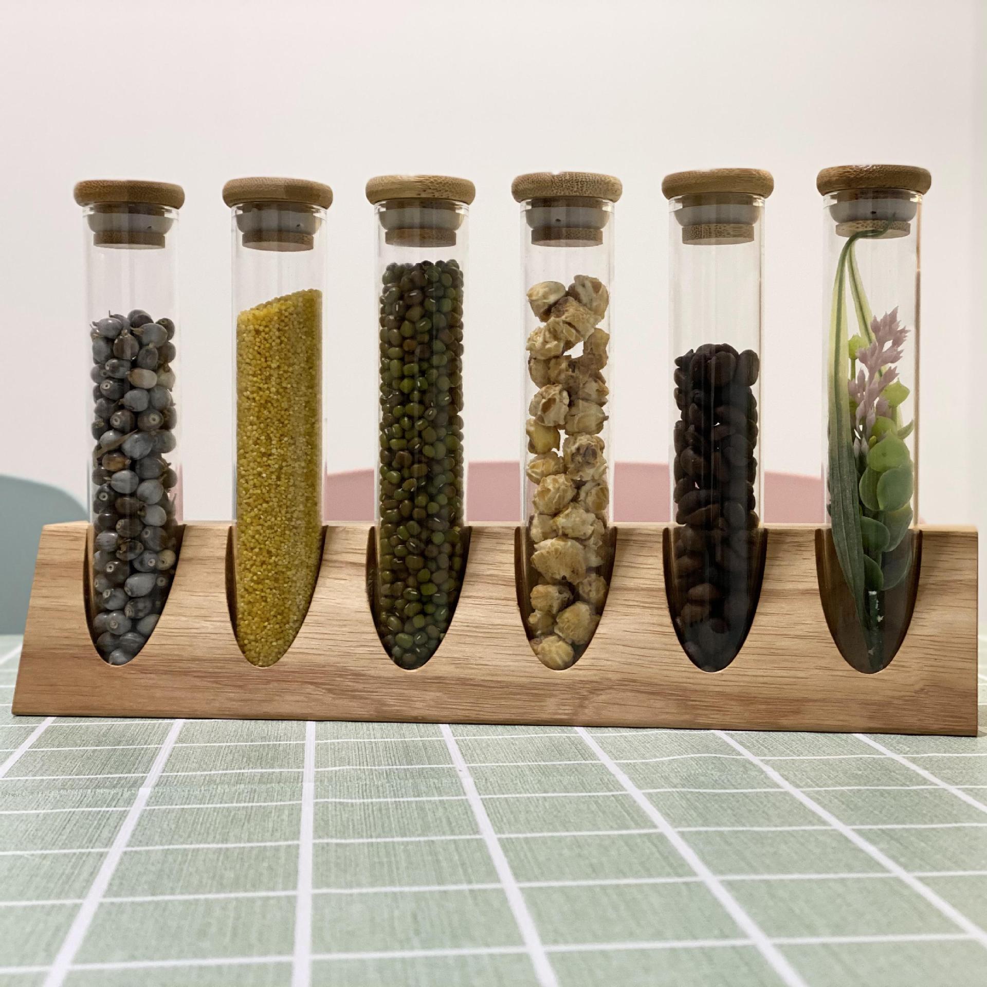 Tubo de ensayo de vidrio de borosilicato estante de exhibición de madera maciza muestra té granos de café cocina clasificación de almacenamiento tanque de almacenamiento