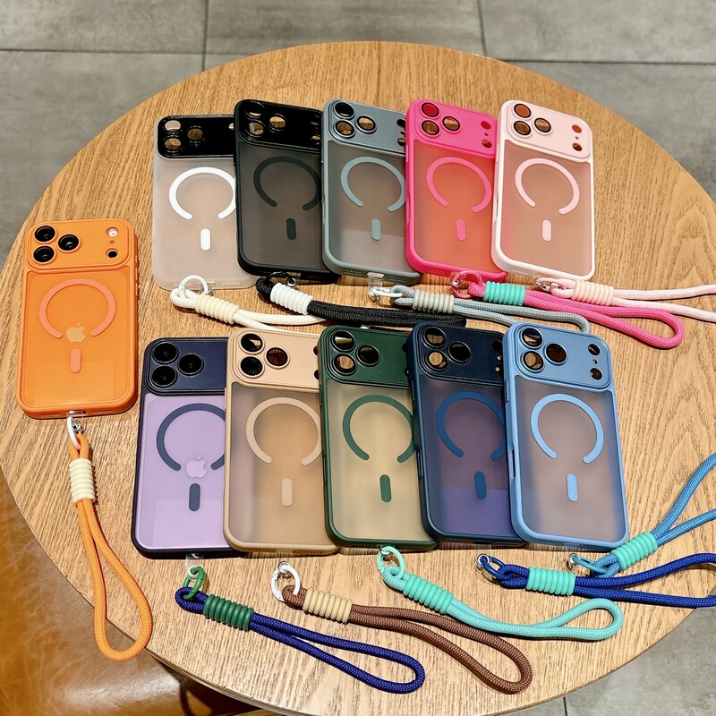 Suitable for Apple 17 Promax Magnetic Phone Case with Lanyard, Matte iPhone 16 Full-Cover Anti-Drop Protective Case 13