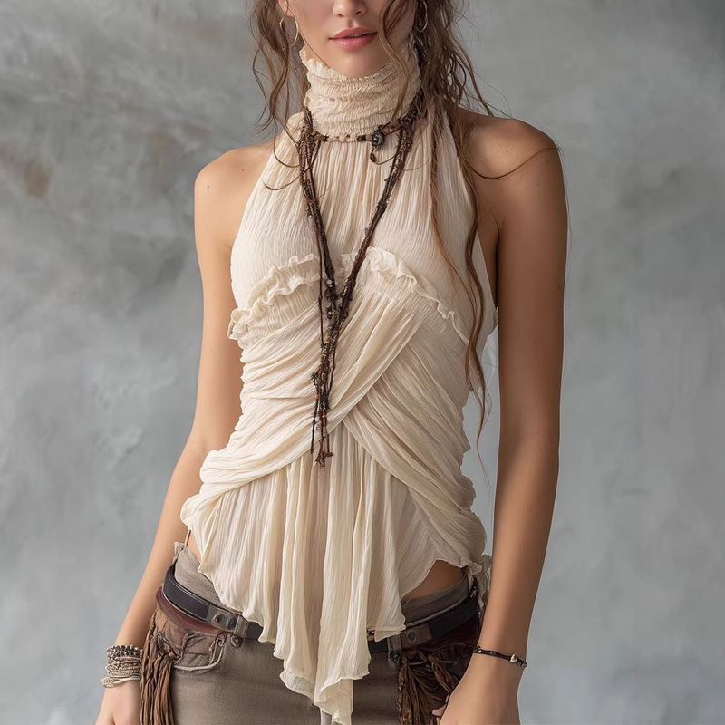 European and American New Style Personalized High-Neck Sleeveless Pleated Top European and American New Style Personalized High-Neck Sleeveless Pleated Top