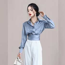 时尚百搭翻领纽扣后系蝴蝶结优雅气质衬衫跨境女装春秋新精致衬衣