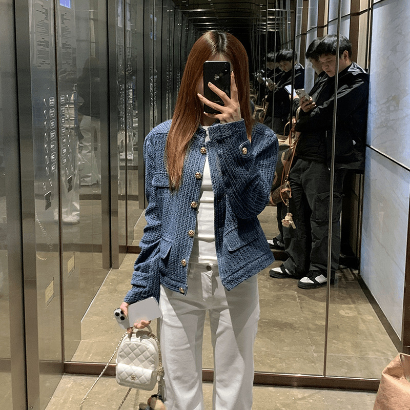 高级感蓝色肌理感提花牛仔外套女秋季韩版宽松显瘦夹克长袖短外套