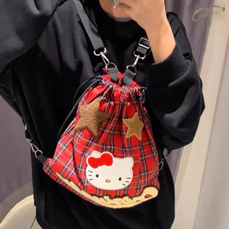 Hello Kitty Japanese style cute retro American red plaid backpack college style commuter small backpack for women
