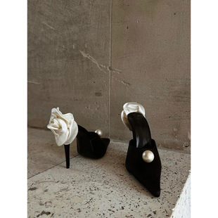 French New Pointed Toe Suede Pearl High Heels Women's Stiletto Socialite Banquet White Rose Toe Cap Back Empty Sandals