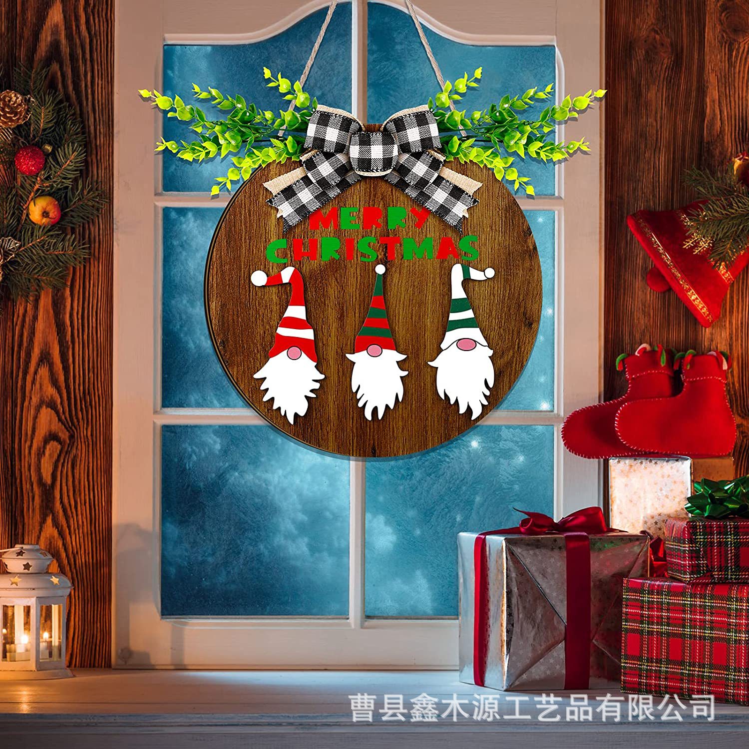 木质门上挂牌创意圣诞节气氛装饰门牌悬挂式门廊花环欢迎标志木牌