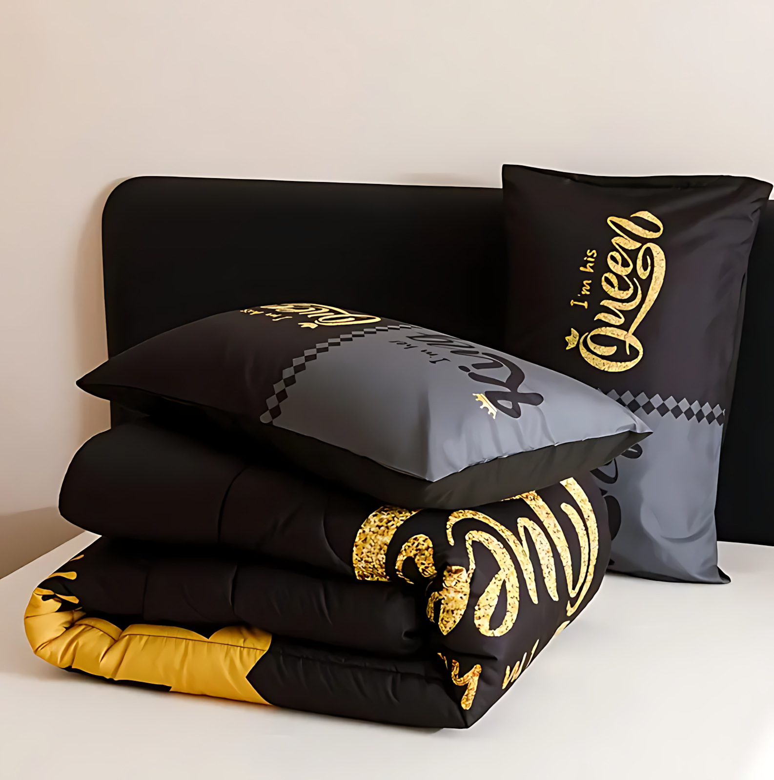 TEMU / JIT transfronterizo textil casero negro gris letras de corona alta definición impresión digital 180gms colcha colcha almohada set