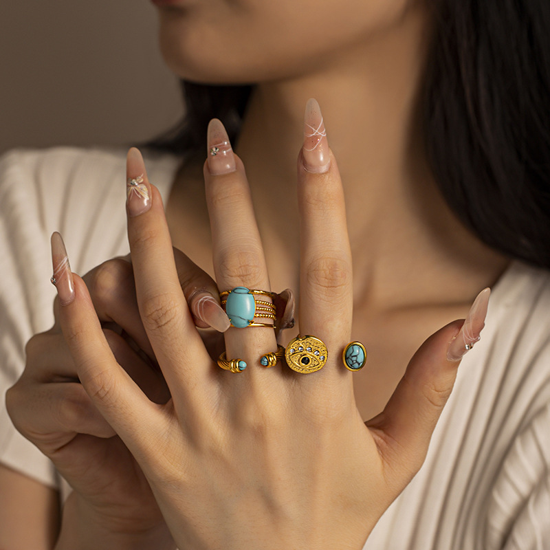 Tainains ojo turquesa diabólico anillo de acero inoxidable mujer no decolor zircon 18k oro titanio acero Merrard viento